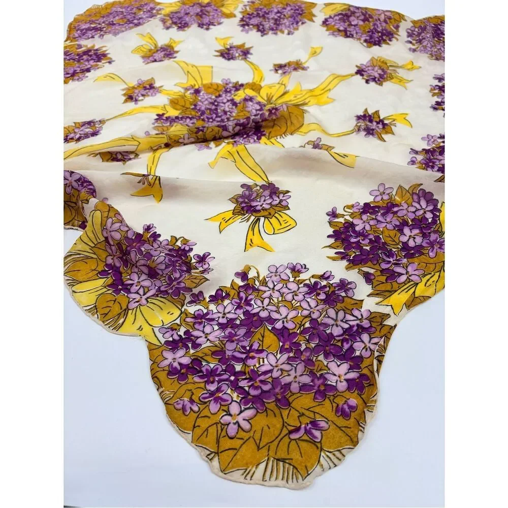 Silk Vintage Floral Square Scarf in Purple & Yellow